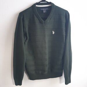 U.S Polo Assn. Forest Green Medium V-Neck Sweater - Men's Horizontal Stripe text